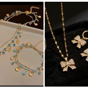 2 Gold and Blue Necklace Set with Bow Design